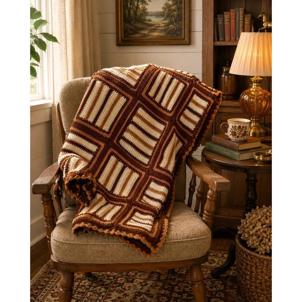 Vintage Handmade Crochet Patchwork Throw Blanket Brown Cream Geometric 41x31
